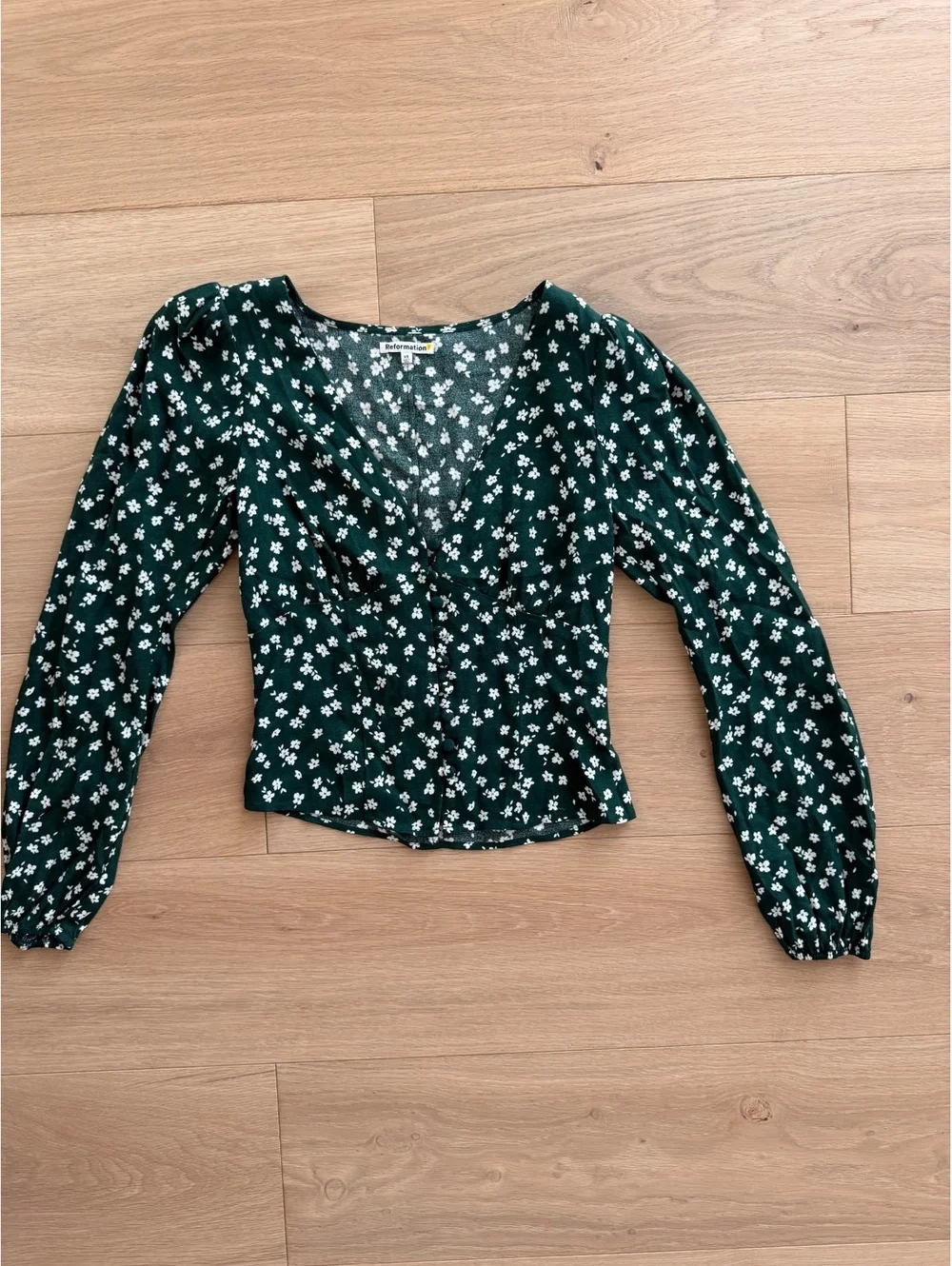 Reformation Nell Top Annette Green Floral V-Neck Button Blouse Size Small XS